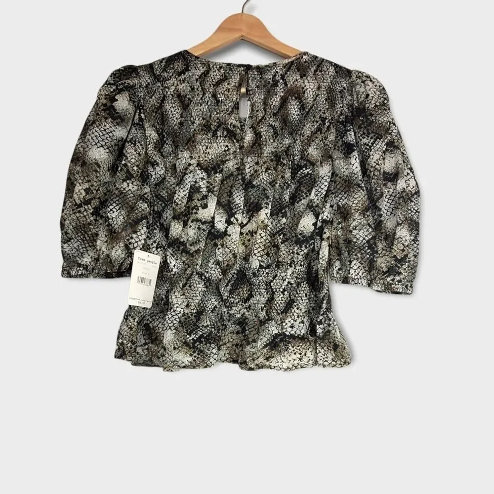 Free People Women's Cotton XOXO Snake Printed Smocked Crop Top Black Size Large